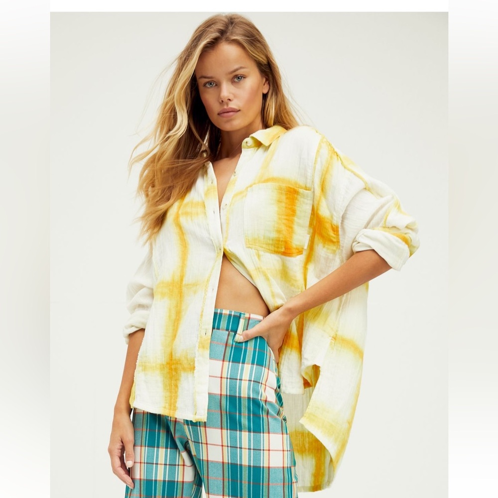 We The Free washed away plaid top Yellow Size Small